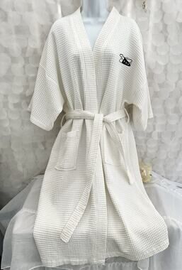 FRETTE White Waffle Weave Long Robe XL EQUINOX LOGO Unisex SPA POCKETS NEW